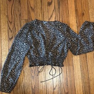 Leopard Print Long Sleeve Women's Crop Vneck Top